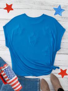 Flirla Plus Size Women Independence Day Star & Pearl Decor T-Shirt - Blue - View 2