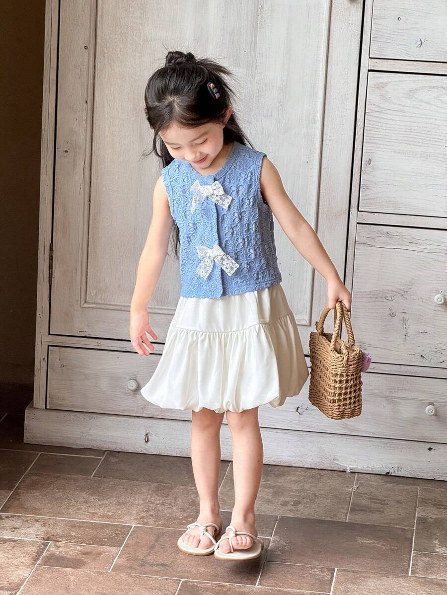SHEIN Little Byeori Young Girls Casual Contrast Color Bow Decoration Tank Top And Mini Skirt Set - Multicolor - View 1