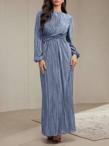 Veilorie Vestido plisado con nudo a la cintura de unicolor elegante para mujer, modesto para primavera y otoño