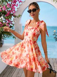 Vivid Eden Women's Floral Print Tie-Shoulder Fashionable Strap Mini Dress, Vacation Style,Vacation,Summer Romantic Pink Flower Print Chiffon Ruched Backless Double Layered A-Line Mini Dress, Suitable For Party, Date, Valentine's Day, Afternoon Tea, Spring,Sun Dress - White - View 7