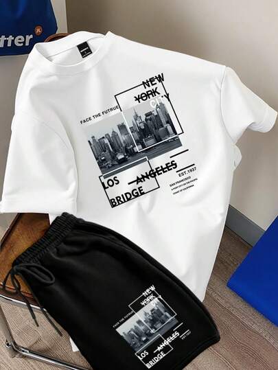 Claim Dot 男士标语印花圆领短袖 T 恤和抽绳短裤套装