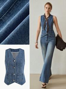 MOTF PREMIUM Top DE MEZCLILLA CON BOTONES AL FRENTE - Azul lavado medio - Ver 1