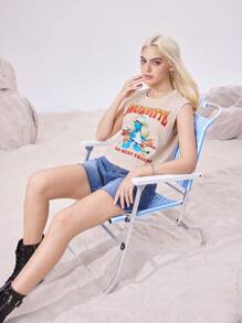 The Smurfs X SHEIN Women's Casual Letter & Cartoon Graphic Round Neck Tank Top