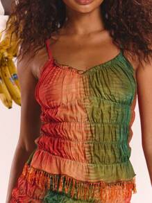 MUSERA Shirring Strappy Tassel Hem Top Spring, Summer, Ibiza, Holiday, Cute, Festival, Vacation Beachwear, Beach, Boho