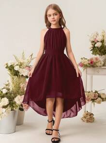 Girls' Round Neck Halter Ruffled Waist Chiffon Dress, & Elegant Gown For Wedding Bridesmaid Flower Girl Holiday Summer Holiday - Burgundy - View 7