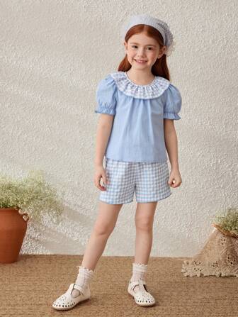 Blossori Young Girls' Countryside Resort Ruffle Collar Puff Sleeve Blouse And Shorts Set