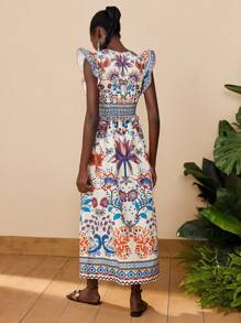 Travachic Tropical Print Deep V-Neck Ruffle Hem Casual Vacation Dress,Summer,Summer Outfits For Women,Beachwear,Beach Outfits For Woman,Vacation Outfits Women,Concert Outfit Women,BOHO,Tropical Vacation Woman Clothes,Summer Dresses For Women,Holiday Outfits