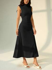 SHEIN PETITE 情人节新款白色立领无袖褶皱 A 字长裙，优雅浪漫约会和工作装，女士夏季连衣裙 - 黑色 - 查看 6