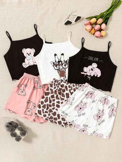 SHEIN Set de 6 pièces de pyjama avec débardeur et shorts pour filles pré-adolescentes, imprimé mignon d'ours et de girafe. Tenue de nuit d'été décontractée