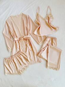 四件套蕾丝拼接仿丝吊带背心、短裤、长裤、系带睡袍睡衣套装，秋冬服装 - 香檳色 - 查看 6