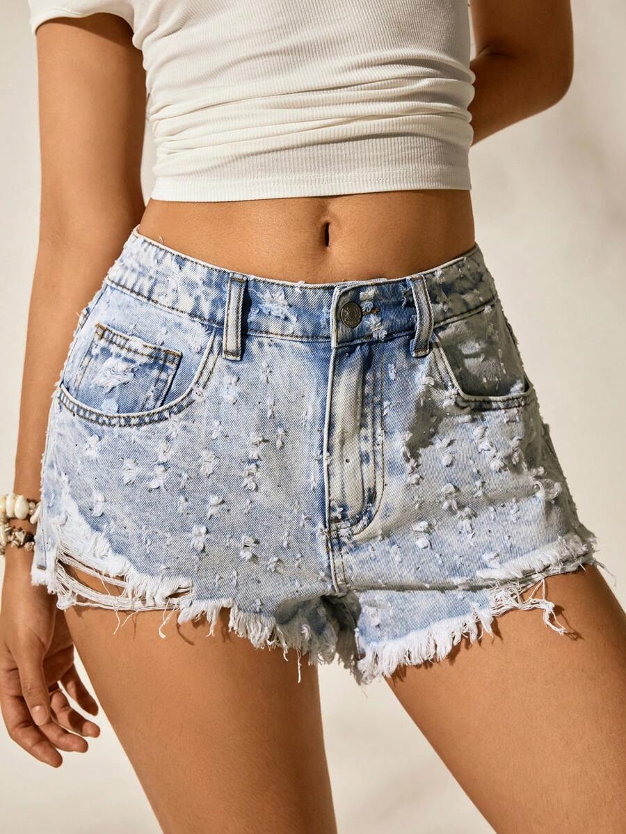 Easelle Women's Spring And Summer Sexy Street Casual Seaside Vacation Old Worn Holes Raw Edge Blue Low Waist Rhinestone Denim Shorts - Blue - View 1