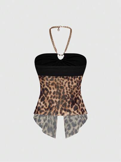 J-Fashion Top corto con cuello de halter, estampado de leopardo, cadena metálica y tachas para mujer, estilo vintage Y2K