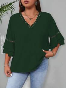 Celure Plus Size Solid V-Neck Casual Summer Shirt, Versatile - Dark Green - View 1