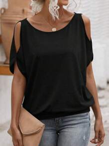 SHEIN PETITE 时尚镂空肩部圆领休闲女士夏季T恤