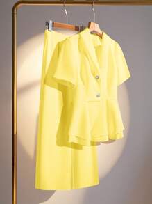SHEIN Clasi 2pcs Women's Elegant Solid Color Button Ruffle Hem Short Sleeve Top And Pants Suit Sets - Yellow - View 1