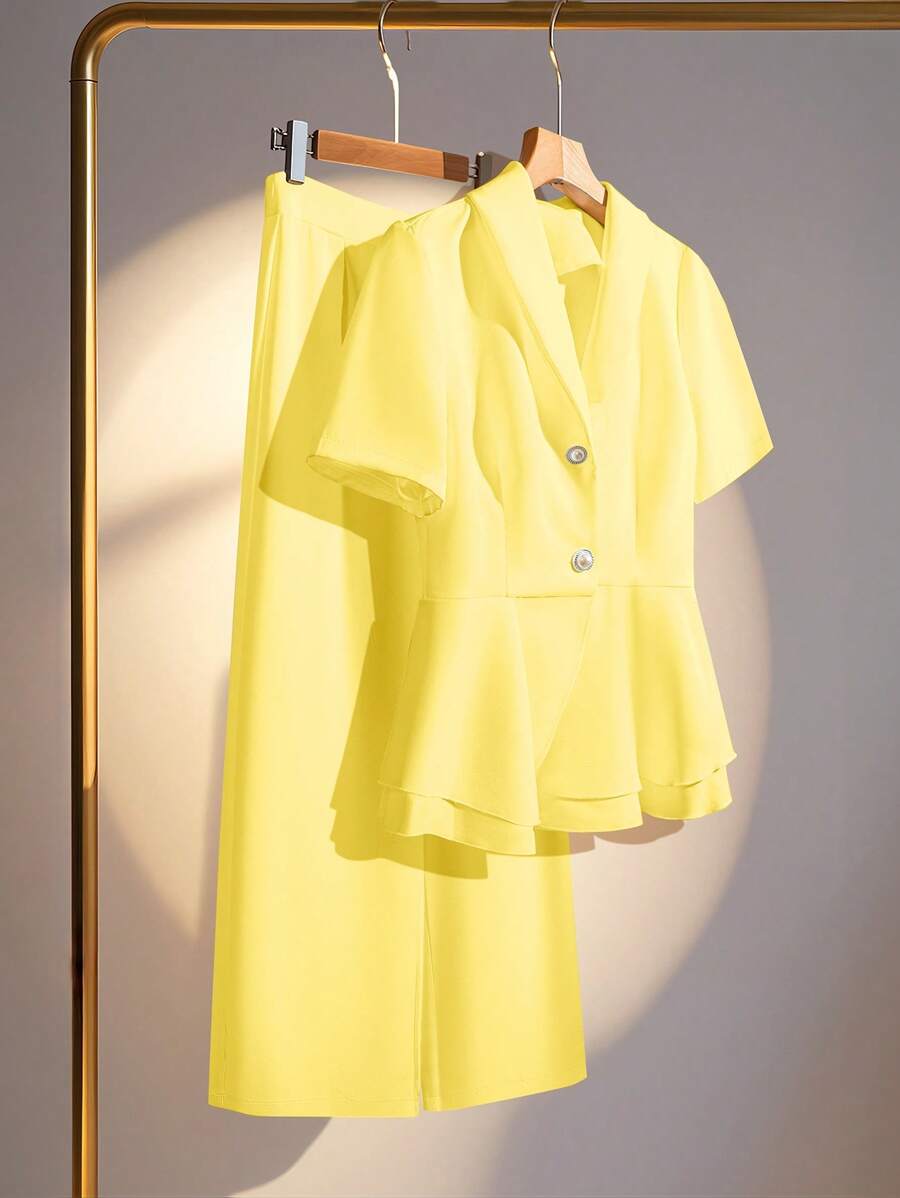 SHEIN Clasi 2pcs Women's Elegant Solid Color Button Ruffle Hem Short Sleeve Top And Pants Suit Sets - Yellow - View 1