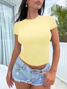 INAWLY Áo thun nữ cổ tròn ngắn tay màu trơn mùa hè - Màu vàng - Xem 3