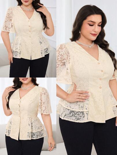 Modelyn بلوزة حريمي كبيرة الحجم بأكمام قصيرة وياقة على شكل حرف في، لون أحادي بتطريز دانتيل، موضة صيفية