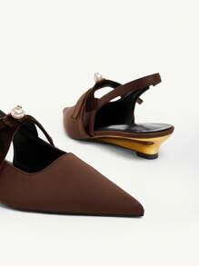CUCCOO CHICEST New Summer Women Shoes, Elegant Romantic Pointy-Toe Wedge Heels With Pearl & Bow Decor, Chocolate Color, Suitable For Tea, Dates, Parties, Fashion Outfits - Brown - View 11