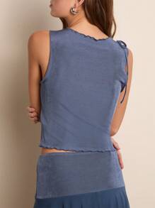 Nöista Blue Mesh Patchwork Crop Top Featuring An Asymmetrical Sleeveless Design With Distinct Y2K Summer Style - Blue - View 3