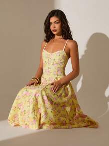 Glamine 女士花卉印花无袖长裙，度假风格 - 黃色 - 查看 3