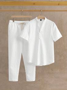 HIMLAND Loose Men's Notched Neck Top & Drawstring Waist Pants Set, Old Money, Cozy Outfits