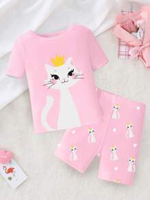 2pcs Baby Girl Cute Cat Graphic Round Neck Short Sleeve Tee And Shorts Casual Pajamas Set, Comfortable Stretchy Knit Fabric - Pink - View 4