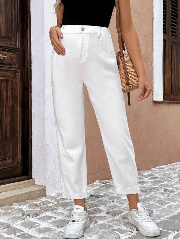 SHEIN سراويل جينز بيضاء مطاطية وفضفاضة للحوامل طول 7/8