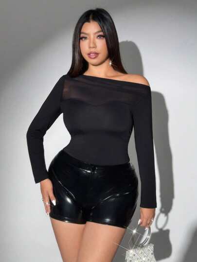 Viva Relle 大码女式性感不对称肩部网眼拼布荷叶边紧身衣