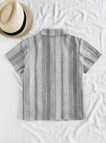 青少年男孩条纹印花纽扣短袖衬衫，夏季