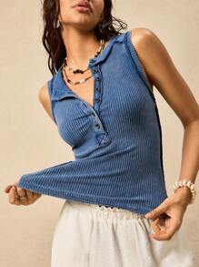 Easelle Casual Bohemian Nomadic Eyelet Ribbed, Waist-Cinched, Washed And Aged, Sleeveless Summer Retro Nomadic Eyelet Sleeveless Women T-Shirt