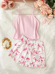 SHEIN Juego de prendas de dormir casuales de verano para niña de 2 piezas con short con tirantes y decoración de lazo