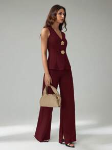 SHEIN Tall 2pcs/Set Women Casual Sleeveless Open Front Vest And Pants Set - Burgundy - View 5