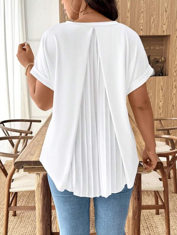 Breezaya Women's Large Size Solid Color Simple V-Neck Back Pleated Short Sleeve Casual T-Shirt Going Out Tops Vacation Business Casual Summer Women Outfit