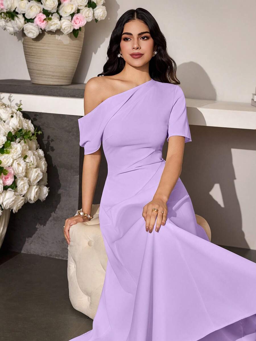 Modelyn 春夏女士不对称腰部收腰休闲连衣裙 - 淡紫色 - 查看 1
