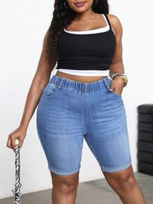 SHEIN PETITE CURVE 大码女式蓝色弹力牛仔紧身短裤 夏季度假 牛仔西部风 女式商务休闲 女士 节日 机场 毕业典礼 伊比沙岛 海滩 夏威夷 音乐会 波西米亚风 锐舞派对 锐舞节 Y2K 女式牛仔街头风 辣妹 2000年代 迪斯科 7月4日 女式 2025 毕业典礼 高腰短裤 骑行短裤 - 藍色 - 查看 5