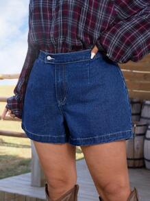 EMERY ROSE Plus Size Women Casual Minimalist Denim Shorts, No Jacket - Blue - View 6