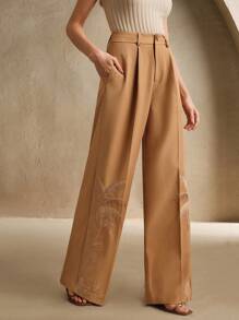 Anewsta Resort-Stil bestickter Palmenbaum Khaki Palazzo-Hose für Damen
