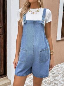 SHEIN Maternity Denim Overalls & Jumpsuits,Beach Outfits For  Maternity - Blue - View 3
