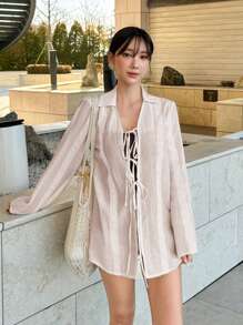 DAZY Women's Solid Color Lace Trim Tied Cuff Long Sleeve Textured Sheer Cover Up, Summer Vacation - Khaki - View 3