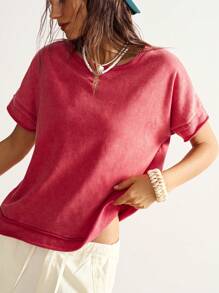 Bohemela 休闲纯色针织蝴蝶背透设计圆领短袖宽松大码T恤 - 紅色 - 查看 3