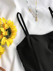 SHEIN Teen Girls' Textured Chiffon Layered Ruffled Waist Tie Cami Overall Jumpsuit Romper, Black, Casual, Holiday, Spring/Summer - Black - View 6