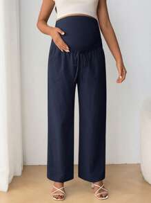 SHEIN Maternity Adjustable Drawstring Waist Bowknot Belly Support Straight Leg High Waist Pants - Navy Blue - View 4