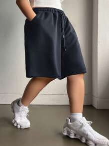 Dazy Plus Solid Color Drawstring Waist Loose Fitting Knee Length Street Style Shorts - Navy Blue - View 3