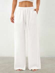 SHEIN PETITE Women's Tie-Front Trousers With Pockets,Cargo Pants