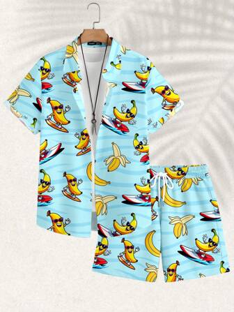 Manfinity Chillmode Tropical Beach Surfing Skateboard Cool Sunglasses Banana Casual Holiday Full Print Short Sleeve Shirt Set For Men