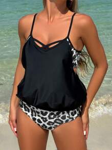 Swim Lushoire Leopard Print Bikini Set With Vest For Beach Vacation, Woman For Summer - Black and White - View 4