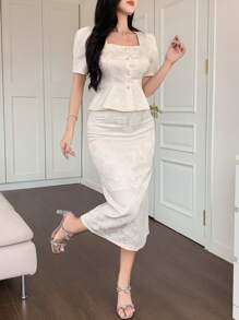 DAZY 2 piezas Conjunto de blusa de manga abullonada con cuello cuadrado y falda de unicolor elegante para mujer, ropa de vuelta al colegio - Beis - Ver 3