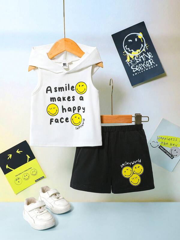 SmileyWorld® | SHEIN Baby Boy Smiling Face Pattern White Hooded Sleeveless Tank Top And Loose Black Shorts Set