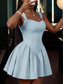 Slaydiva 全新夏季优雅心形领无袖露背 A 字型公主裙，粉色短款女式连衣裙 - 淺藍色 - 查看 3